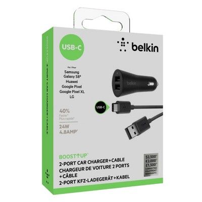 Belkin BOOST†‘UP 2-Port Car Charger with 4' USB-A to USB-C Cable - Black image 0