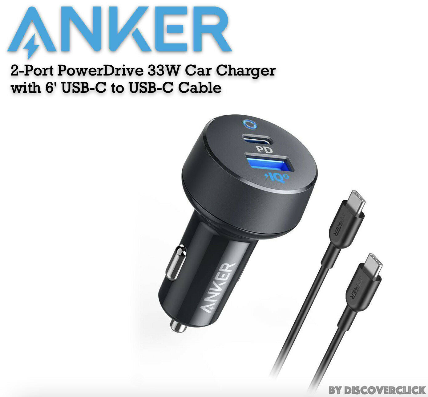Anker Classic 2-Port PD 33W Car Charger with a Power Delivery 6' USB C to USB C Cable image 0