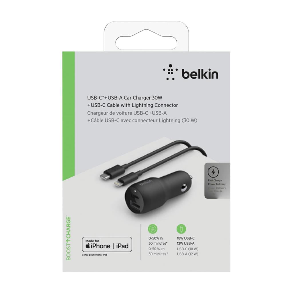 Belkin 2.1A/18W 2-port USB-C; 12W USB-A Car Charger with 3.3' Lightning to USB-C Cable - Black image 0
