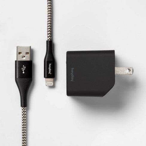 Heyday 2-Port Wall Charger 15W USB-C & 5W USB-A (with 6' Braided Lightning to USB-A Cable) - Black/Gold image 0