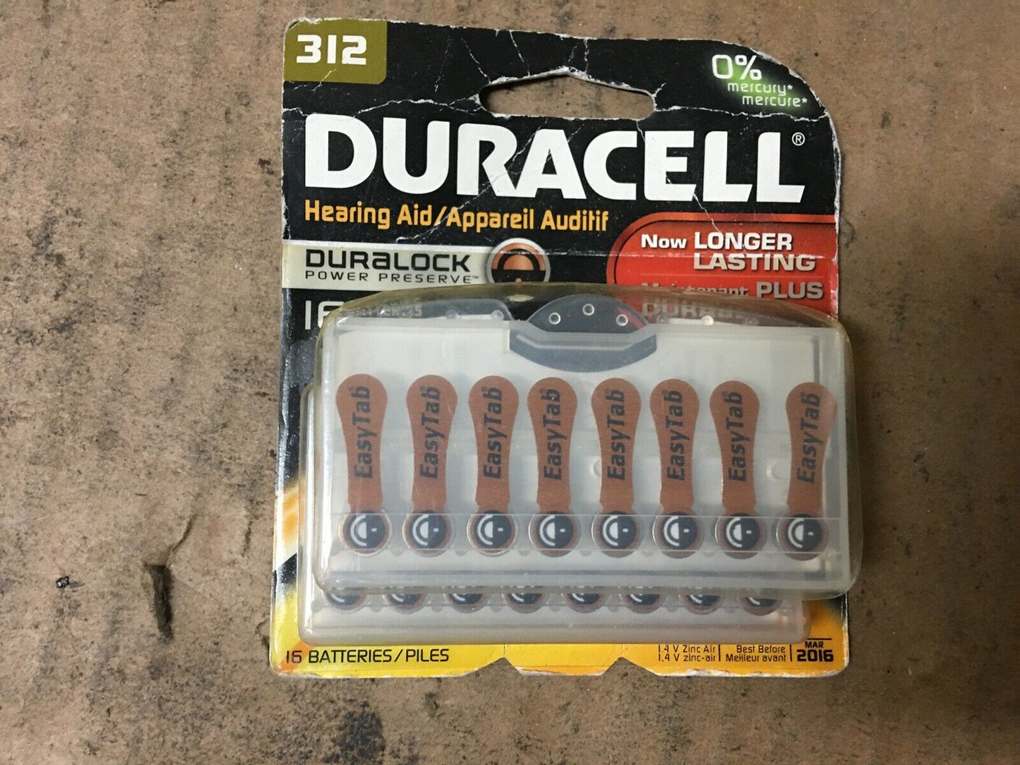 Duracell 312 Zinc Air 16 Batteries Easy Tabs EXP MAR 2016 image 0