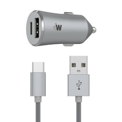 Just Wireless 3.4A/17W 2-Port USB-C & QC3.0 Car Charger with 6ft Braided Type-C to USB Cable -Slate image 0