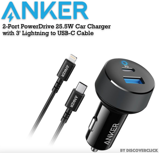 Anker 2-Port PowerDrive 25.5W Power Delivery Car Charger (with 3' PowerLine Select Lightning to USB-C Cable) - Black image 0