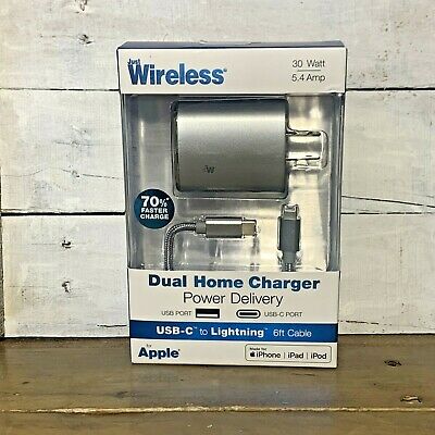Just Wireless 5.4A/30W 2-Port USB-A/USB-C Home Charger with 6ft Braided Lightning to USB-C Cable - Slate image 0
