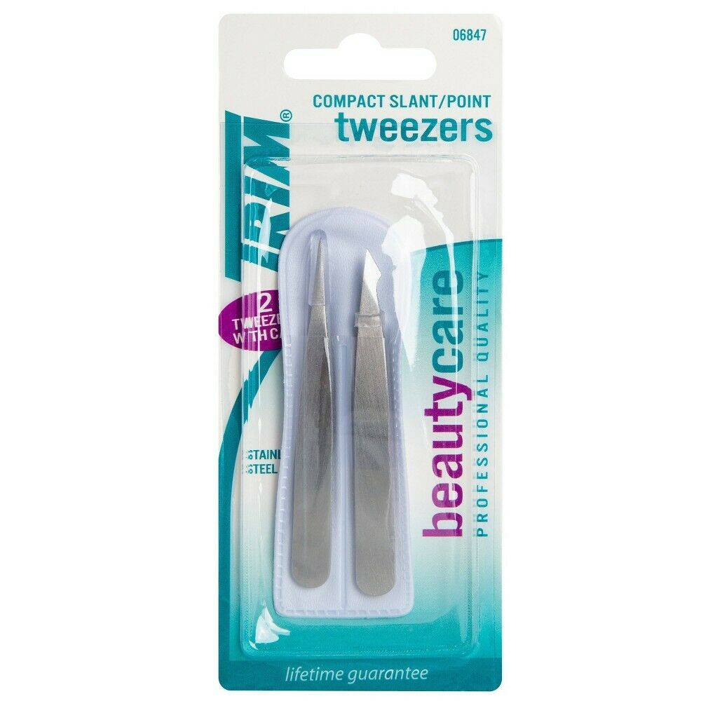 Beauty Care Slant/Point 2 Pack of Stainless Steel Tweezers w/ Case OPEN PKG B080 image 0