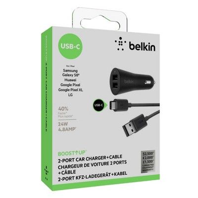 Belkin BOOST↑UP 2-Port Car Charger with 4' USB-A to USB-C Cable - Black