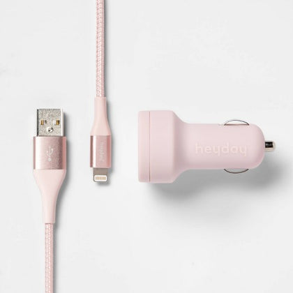 heyday™ 2-Port 3.1 A Car Charger (with 6' Braided Lightning to USB-A Cable) - Pink/Rose Gold