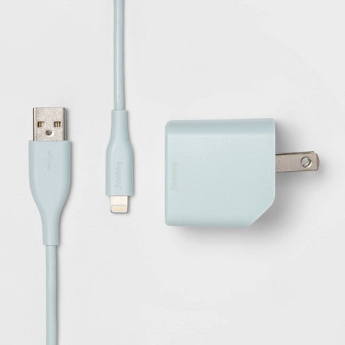 Heyday 2-Port Wall Charger USB-A & USB-C (with 6' Cable) - Light Aqua 