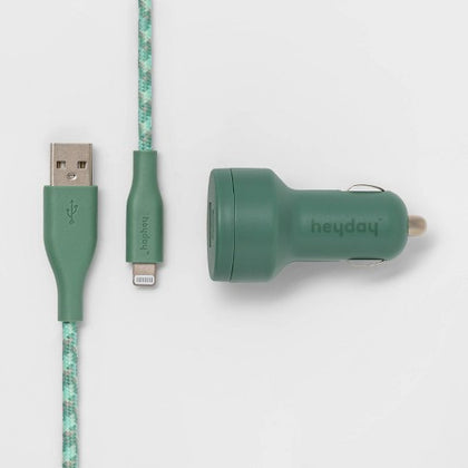 Heyday USB-A Braided Lighting Cable Car Kit - Evergreen 