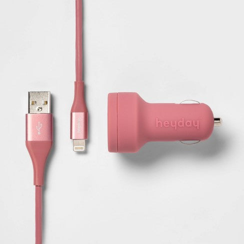 Heyday 2-Port 3.1A Car Charger (with 6' Lightning to USB-A Cable) - Dusty Pink