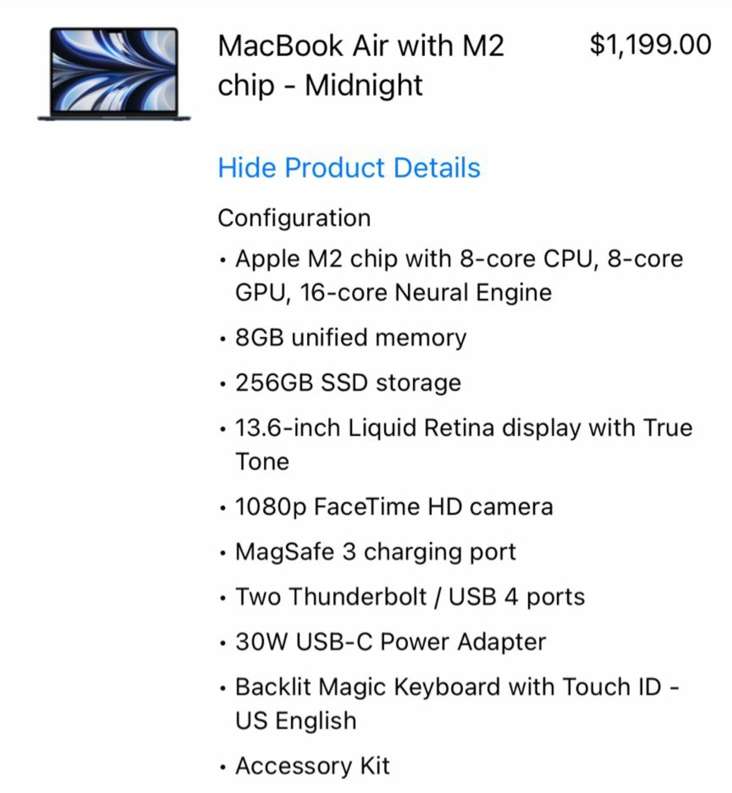 Apple MacBook Air 13-inch 2022 M2 / 8GB RAM / 256GB SSD /