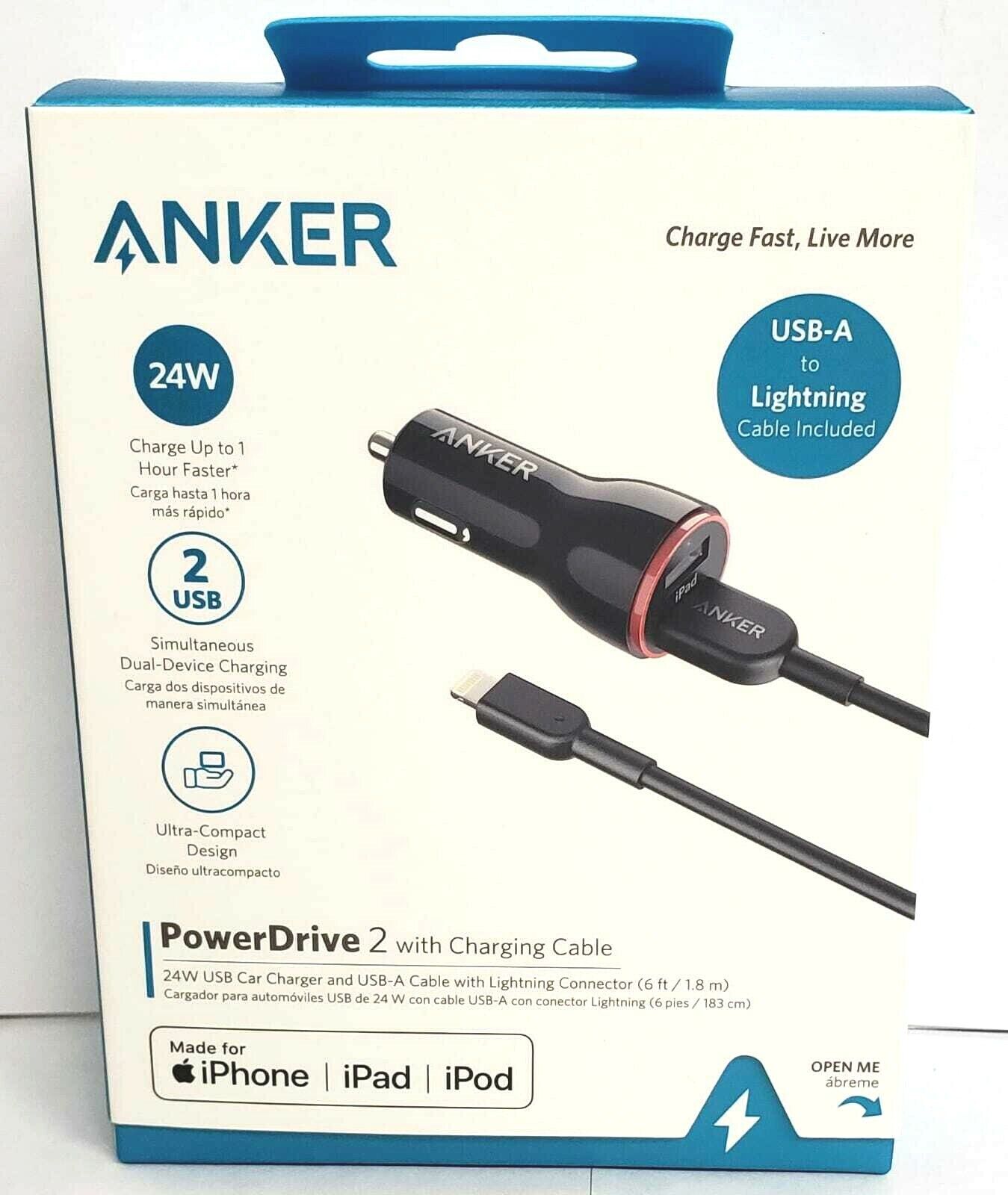 ANKER PowerDrive 24W 2 port with 6FT USB-A - Lightning Cable