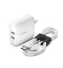 Belkin White 2 Port USB-A Home Charger w/ 3.3' Braided USB-A to USB-C Cable A155