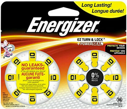 16-Energizer EZ Turn & Lock Hearing Aid Batteries AZ10DP-16~SIZE 10