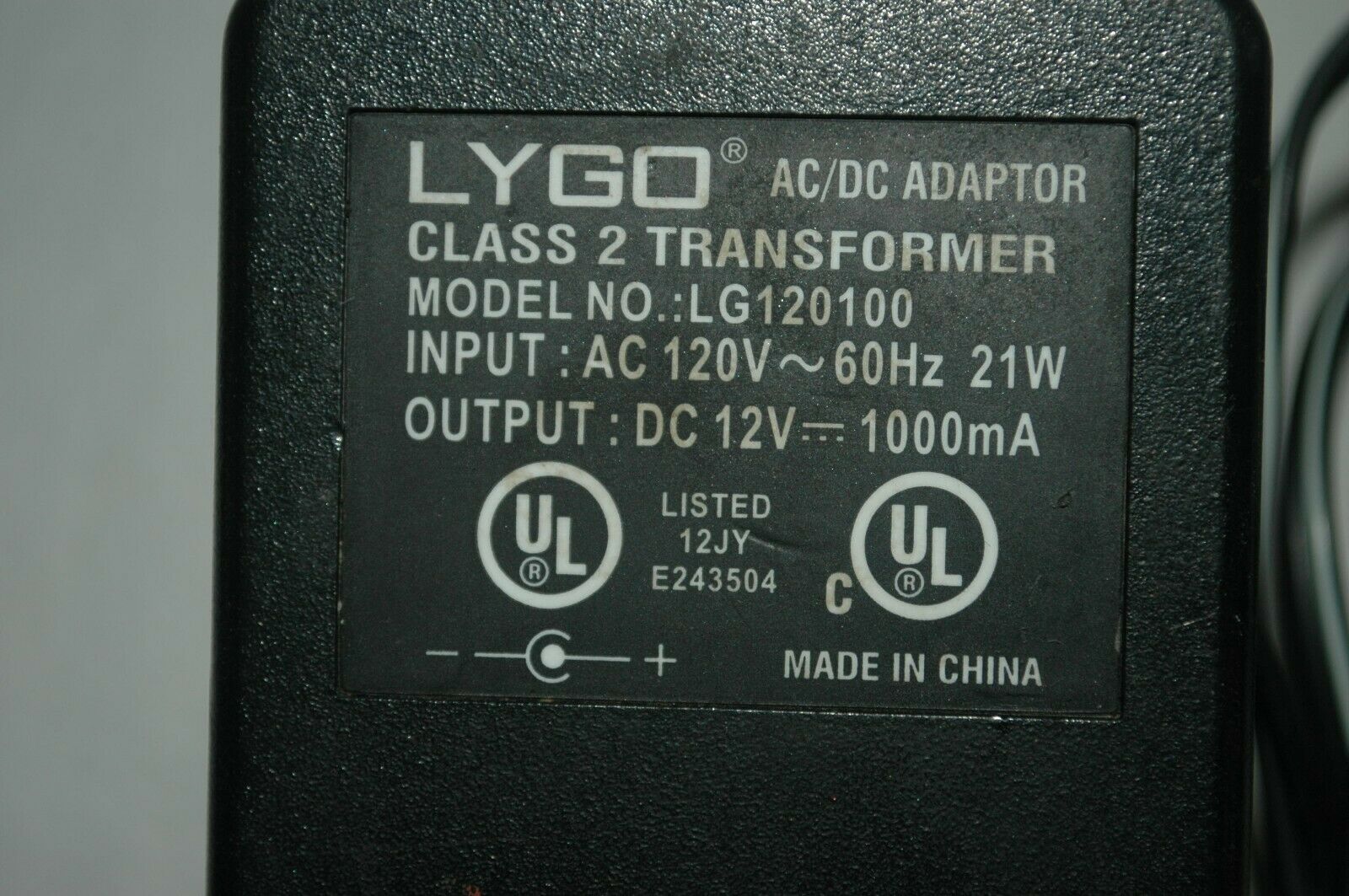 LYGO LG120100 12V AC/DC Power Adapter 1000mA 21W