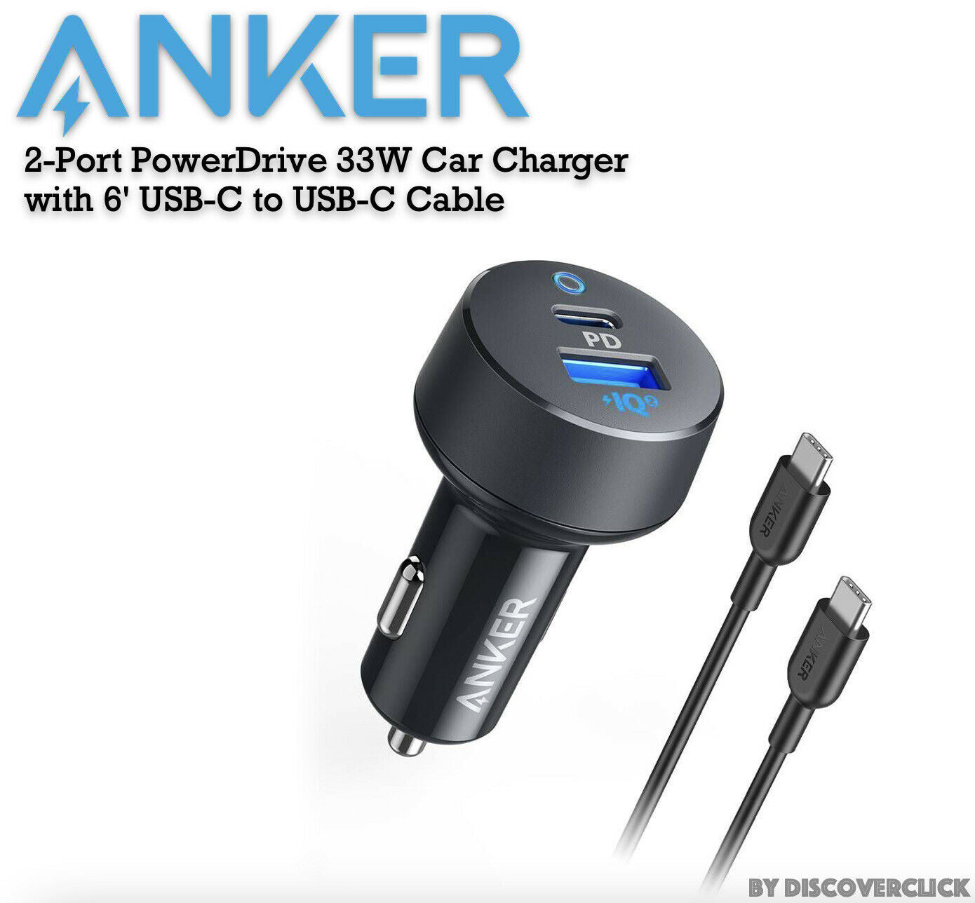 Anker Classic 2-Port PD 33W Car Charger with a Power Delivery 6' USB C to USB C Cable