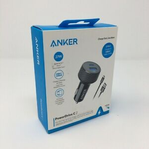 Anker 2-Port PowerDrive 27W USB-C Car Charger (with 3' USB-C to USB-A Cable) - Black 